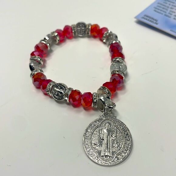 St. Benedict Red Crystal Silver Beaded Stretchy Bracelet - Picture 7 of 7